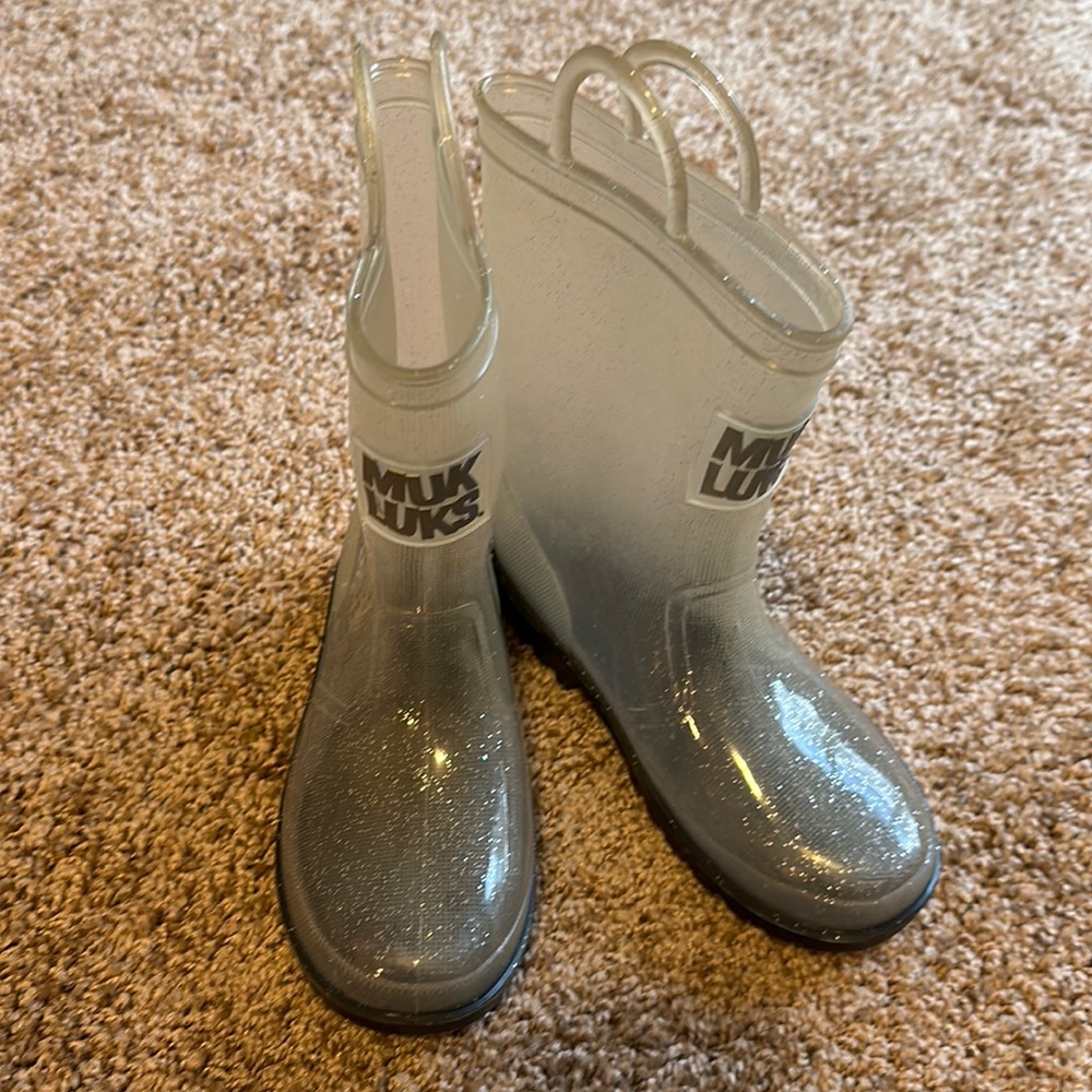 Muk Luks pull on clear glitter girls rain boots wellies size 11/12